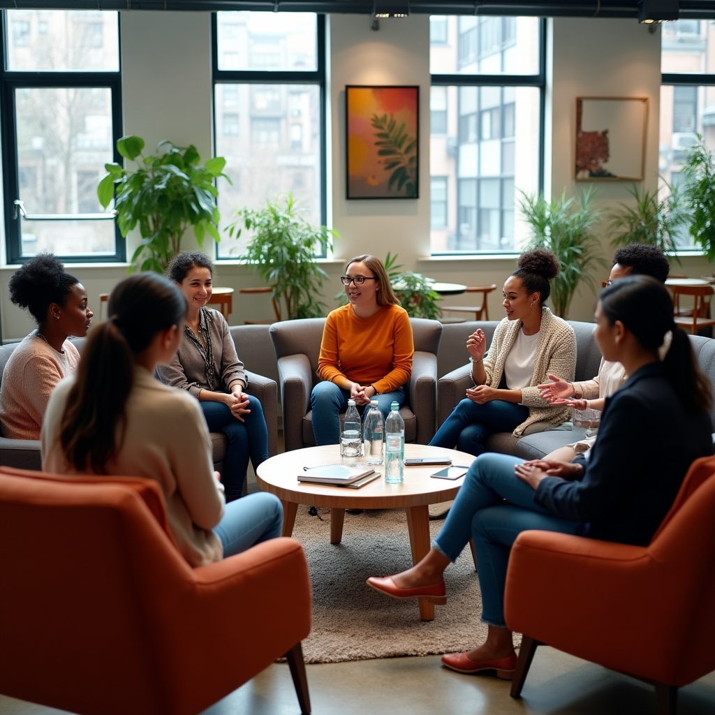 Group of participants sitting in circle engaged in supportive accountability discussion with open body language