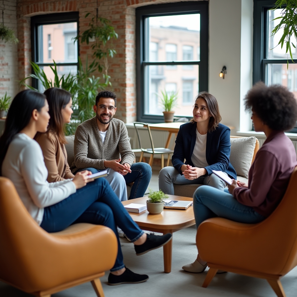 Small group of people engaged in supportive discussion around a table