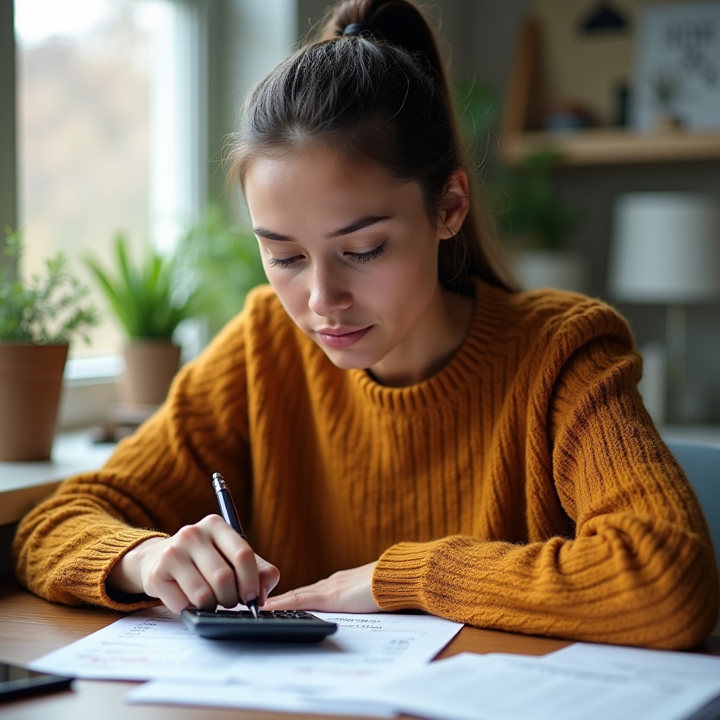 Young professional showing determination and focus while reviewing financial documents