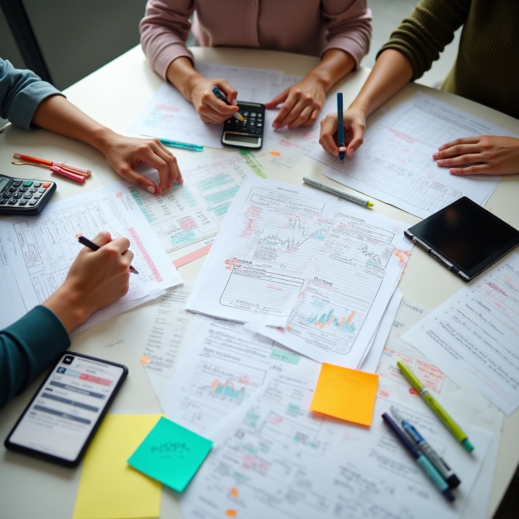 Participants in focused workshop session working on goal-setting documents with calculators and planning materials