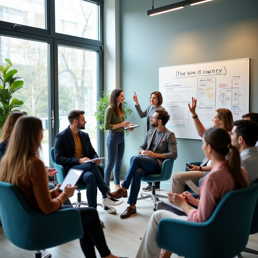 Engaged participants in a group coaching session actively discussing and sharing experiences