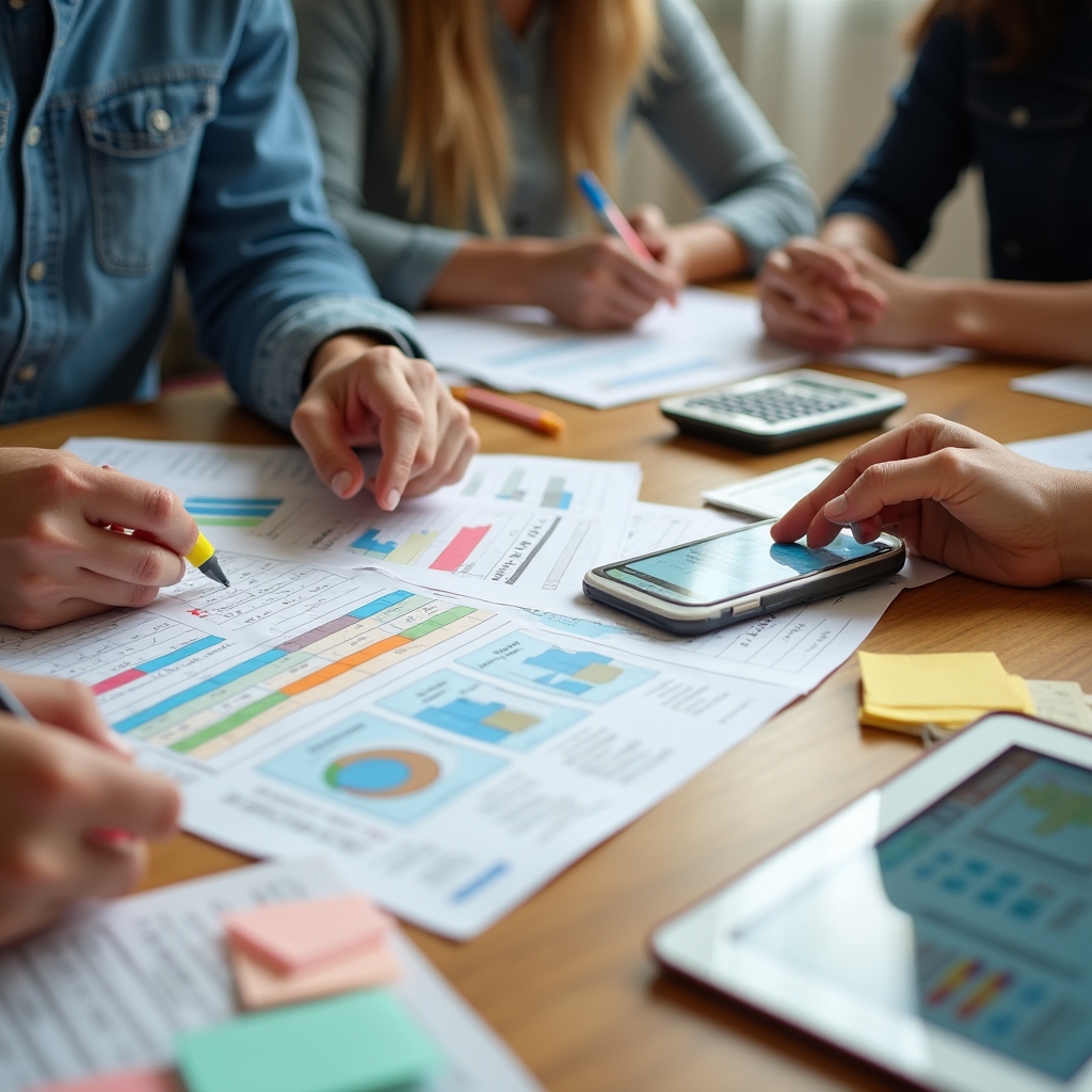 Close-up of hands working with practical financial tracking tools, spreadsheets, and planning documents during training session