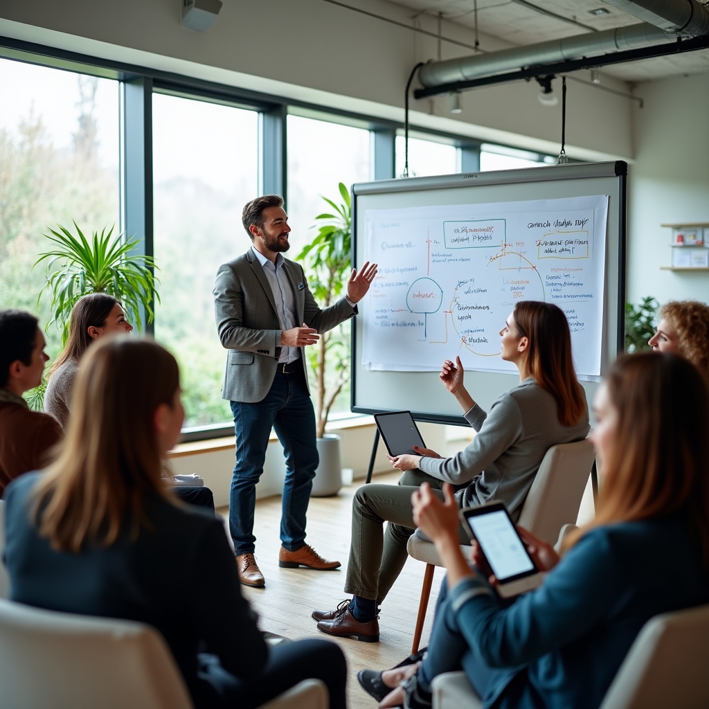 Interactive group session with participants engaged in discussion, taking notes, and sharing ideas in collaborative learning environment